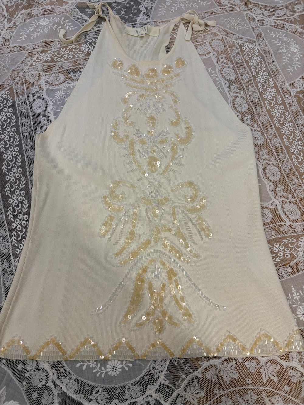 Vintage Cream Sequin Halter Tank with Tie Straps